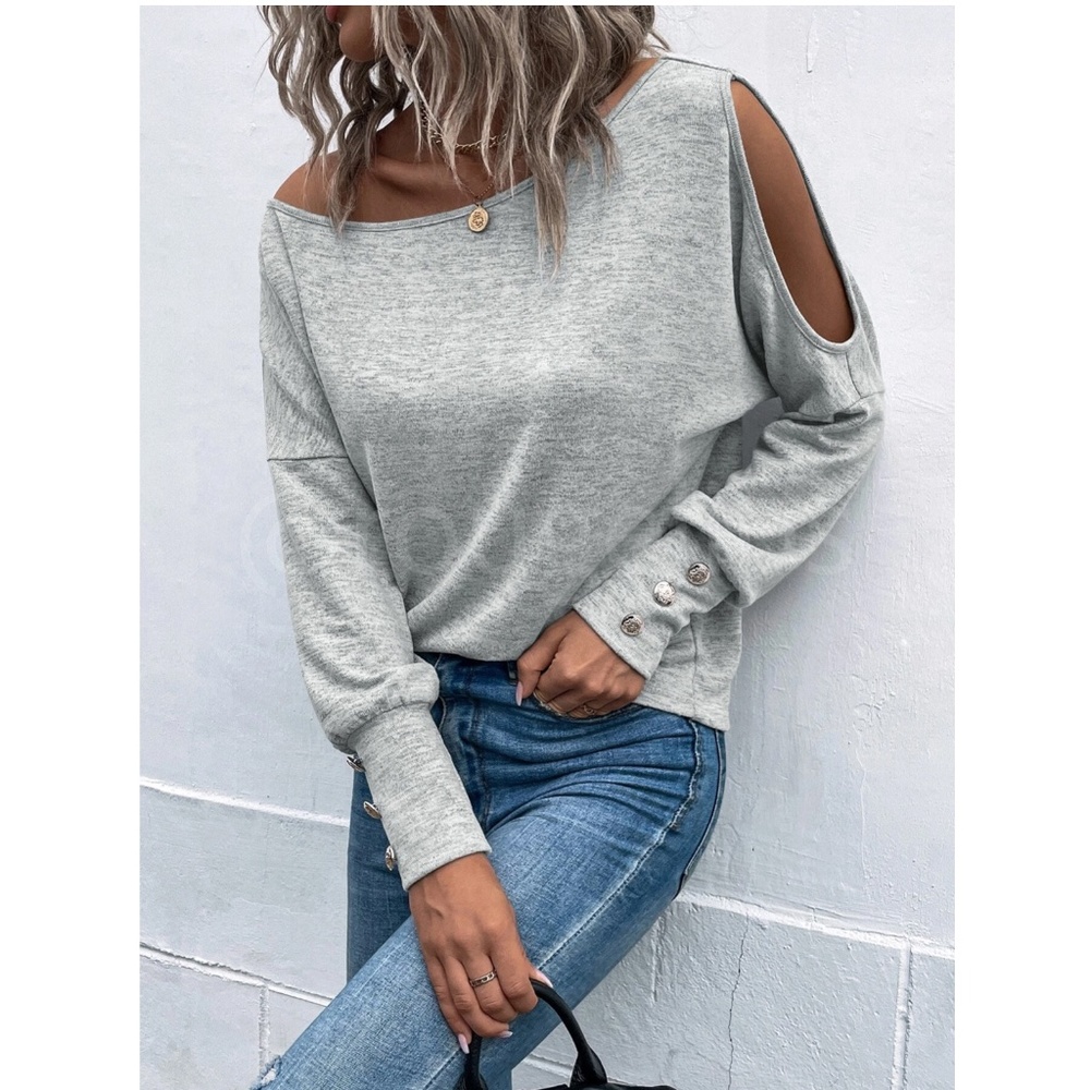 One Cold Shoulder Asymmetric Boat Neck Grey Long Sleeve Tee Shirt